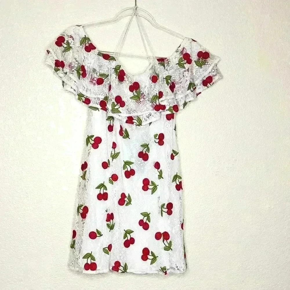 Show Me Your MuMu Cherries Min Dress Embroidered Off Shoulder Lace NWT